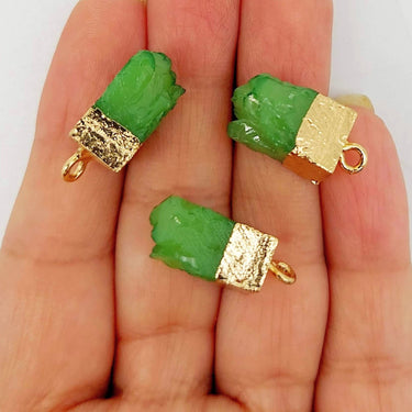 Green Synthetic Stone Charms with Gold Tone Metal Ring Cap x 5